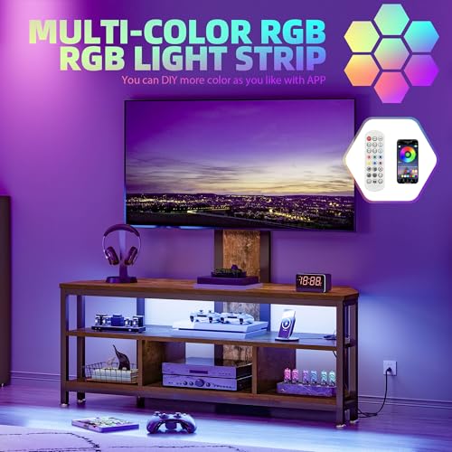 DWVO TV Stand with Mount, Corner TV Stands for Living Room w/Power Outlet, LED Entertainment Center for 70/65/60 inch TV, Height Adjustable TV Console Cabinet, Rustic Brown