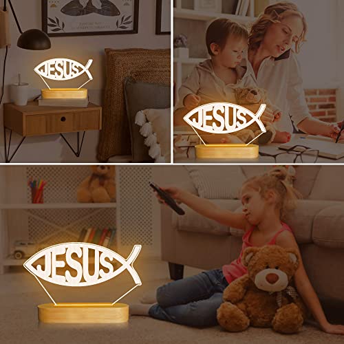 Image of Attivolife Jesus Fish Shape 3D Night Light, LED Wooden Illusion Optical Warm Color Table Lamp, Best Room Decoration Birthday Christmas Religious Christian Mothers Day Gifts for Women Man Friend