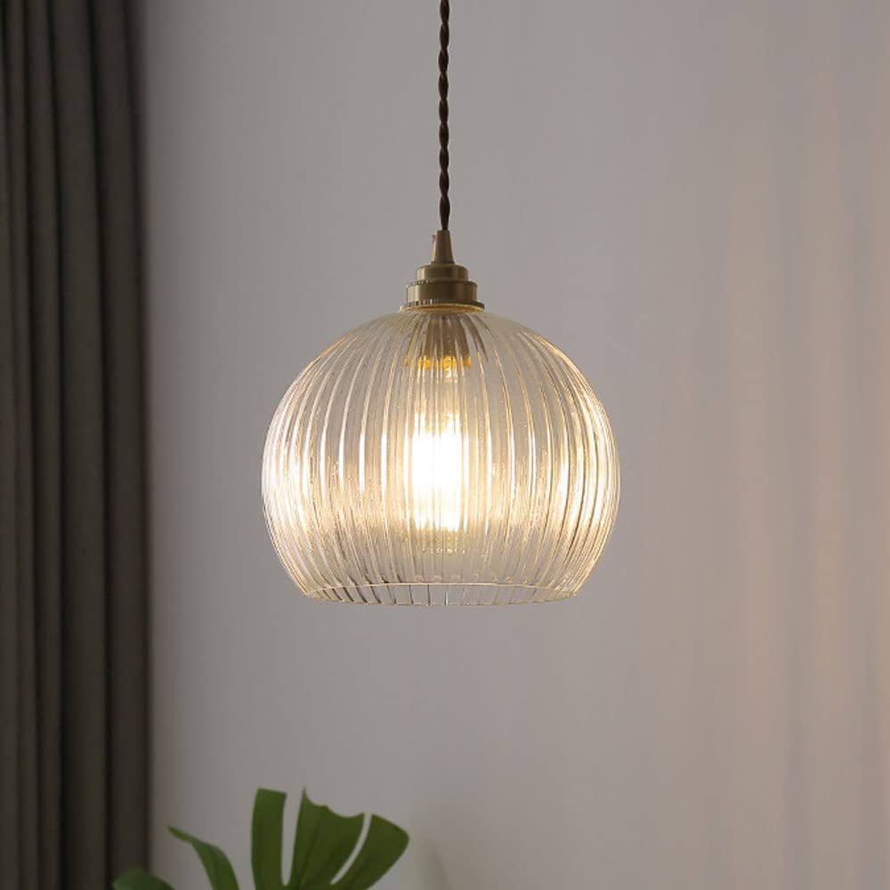 Riankh Modern Stripe Glass Pendant Light Globe Blown Handmade Hanging Lamp Brass Ceramics Kitchen Island Drop Light Fixture for Living Room Simplicity Bedside Mini Hanging Light for Balcony Bathroom (