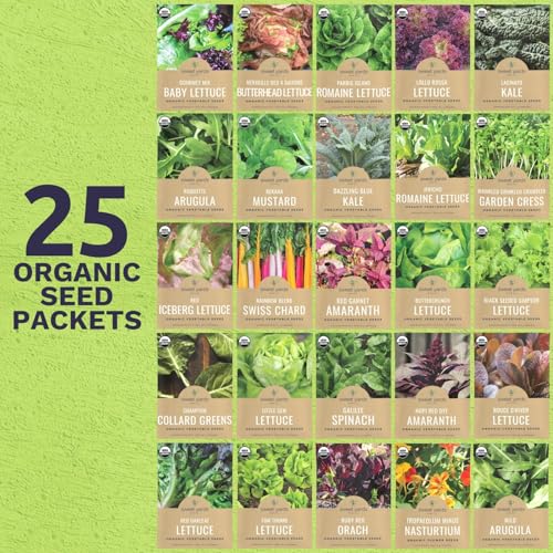 Image of Organic Lettuce & Greens Seed Variety Pack - 25 Individual Packs - 2026 Season - Lacinato Kale, Roquette Arugula, Red Oakleaf Lettuce and More! for Indoor & Outdoor Planting