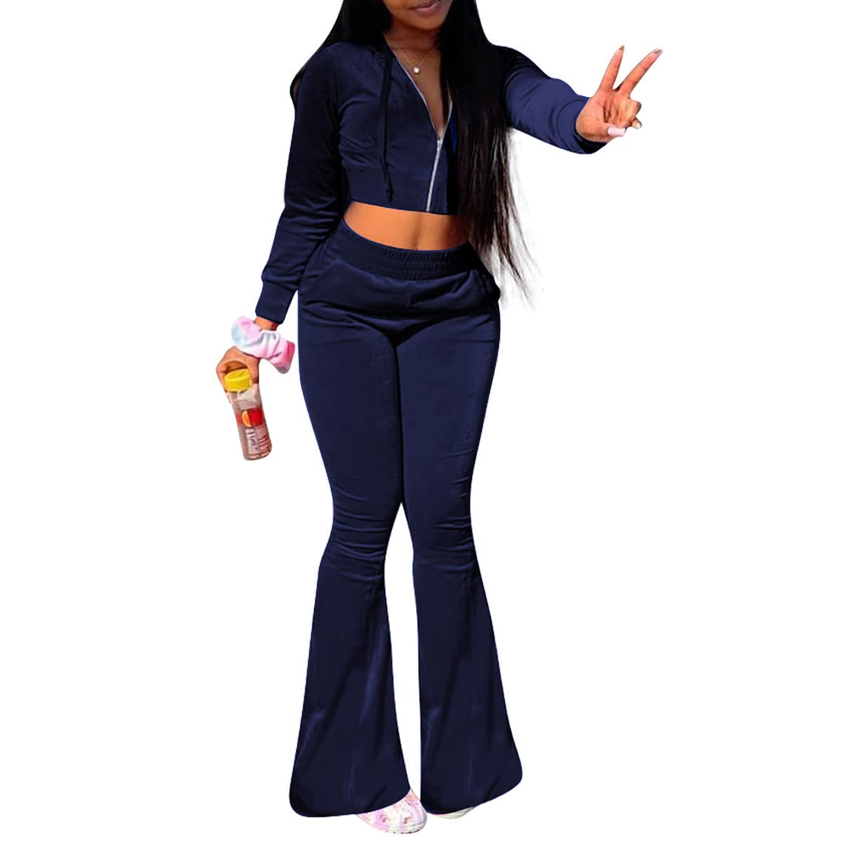 HBERWomen's 2 Piece Velour Tracksuit Set Heart Print Long Sleeve Zipper Hoodie Cropped Jacket and Sweatpants Y2K Sweatsuit Set