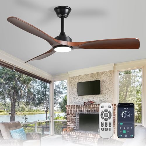 Depuley Ceiling Fan with Light Modern: 52 Inch Outdoor Fan with Remote App Control for Patio Porch - Walnut Ceiling Fan for Indoor - 3 Blade Fan Reversible Timer Quiet