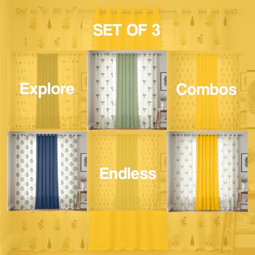 Image of Urban Space 100% Cotton Floral Curtains For Window, Combo Set Of 3 Curtains 5 Feet Long, 60-65% Room Darkening Curtains With Tieback & Eyelets For Home Decor (Vasant & Aura Yellow, 5 Feet)