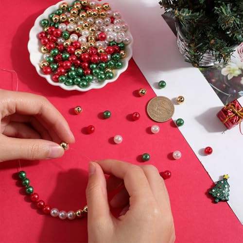 SOFPLATE 600pcs 4 Colors 8mm Imitation Pearl Beads Christmas Theme Acrylic Plastics Red Green Gold Dyed Faux Artificial Pearls Bulk for Jewellery Making DIY Holiday Necklaces Earrings - Image 3