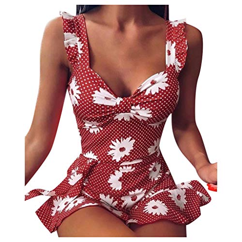 Womens Boho Beach Dress - Floral Spaghetti Strap Sleeveless V Neck A line Swing Casual Sundress Beachwear Red