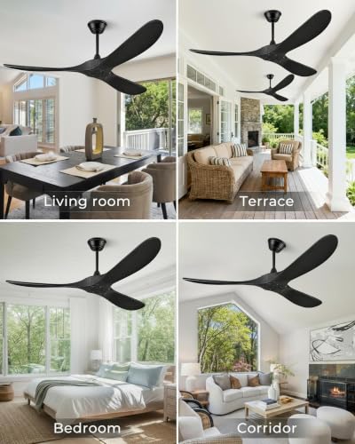 Image of Outdoor Ceiling Fan No Light for Patios, 52 In Black Ceiling Fan Without Light with Smart App & Remote Control, Damp Rated 3-Blade ABS Plastic, High CFM, Quiet DC Motor, Modern Indoor Porch Exterior