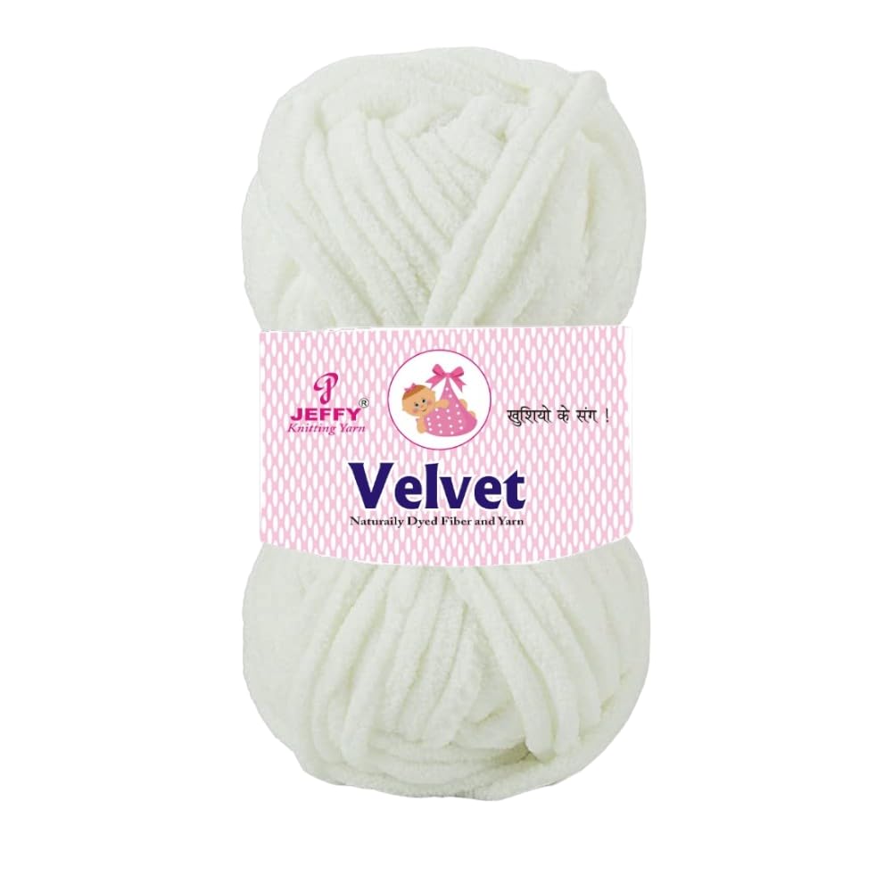 JEFFY Velvet 100% Polyester Best Used with Knitting Needles Hand Knitting and Crochet Yarn Super Soft Chenille Yarn(1Ball -100Gms Each) (100, White Shade no-1)