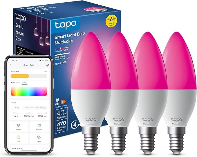 Tapo L430C (4 pezzi) Smart Bulb, Alexa E14, lampadina LED, 470 lumen massimi, dimmerabile, lampadina cambia colore, bioritmo automatico, sincronizzazione musica, controllo vocale/app, pianificazione e