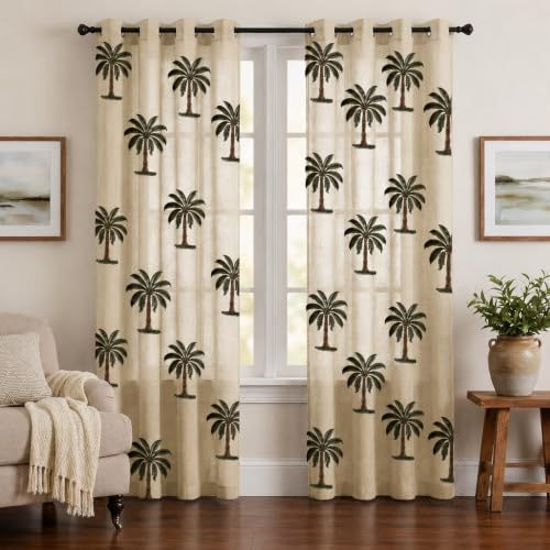 Image of LINENWALAS Cotton Linen Printed Sheer Curtain Set of 2 Panels with Eyelet Hanging, Palm Tree Printed Window Curtains Non Blackout Light Filtering Curtains (5 Feet, Natural Palm Tree)