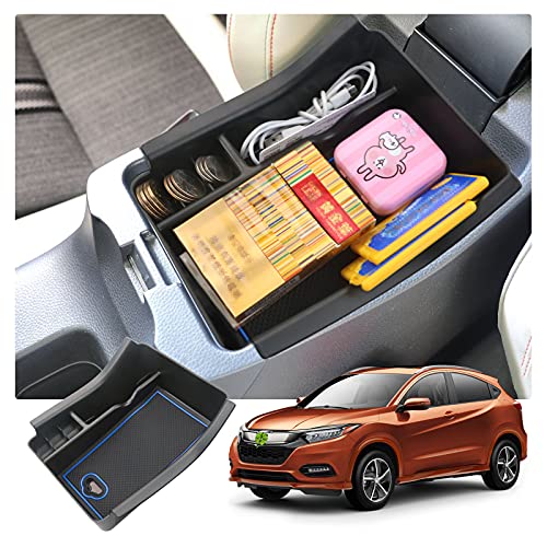 R RUIYA Center Console Organizer Tray for 2022 Honda HRV HR-V Vezel Car Center Console Armrest Box Glove Secondary Storage Console Organizer ABS Tray Pallet with USB Hole and Coin Holder (Blue)