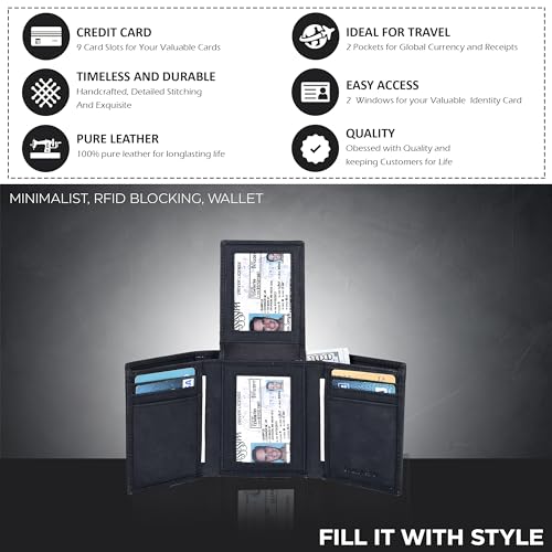 Image of Real Leather Mens Trifold Wallet RFID Blocking Slim Minimalist Front Pocket - Thin & Stylish with ID Window in Gift Box, Vintage Black, Trifold