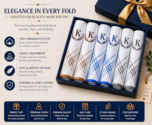 Image of ANTONIA Men's Initial Alphabet Handkerchiefs | Premium Cotton Personalized Hankies with Letter Embroidery (A-Z) | Soft, Absorbent & Reusable | Formal, Wedding & Gift Use | Pack of 6