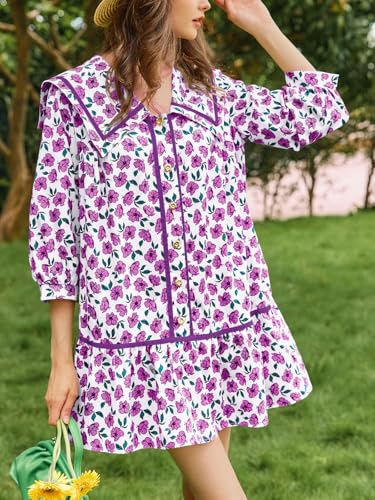 Image of Wenrine Womens Casual Shirt Dresses 3 /4 Long Sleeve Floral Button Down Flowy Babydoll Fall Mini Dress