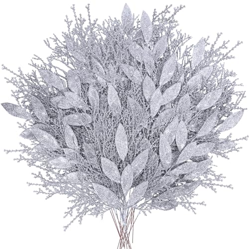 Winlyn 30 Pcs Christmas Artificial Leaf Sprays Cedar Picks Silver Glittered Christmas Tree Ornaments Winter Floral Stems for Sliver Christmas Tree Wreaths Centerpieces Holiday Wedding Decoration
