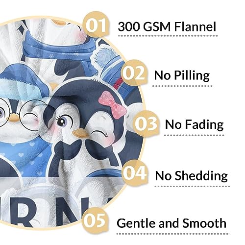 Custom Penguin Blankets with Name - Soft Warm Blanket Throw for Kids, Adults - 50"x60" Flannel Blankets for Bed, Couch, Sofa - Blue Cute Blanket Gifts