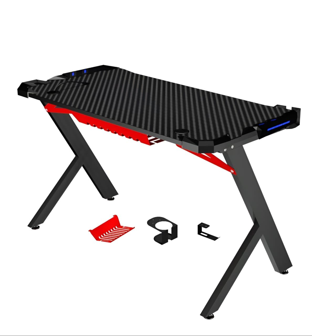 Gaming Table - Carbon Surface With Blue Led Light & No Remote Control For Gamer R Shape (143 * 60cm&Blue Led, Black(R Shape)), Yb-Tbl-R1-gmic-Blk-143X60-Bluled