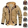 Mens Winter Jackets Fake Two-Piece Zip Up Hoodies & Jackets Casual Bomber Jacket Men Fashion Cargo Coat with Pockets Khaki