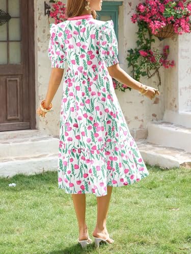 Image of Wenrine Womens Summer Floral Puff Short Sleeve V Neck Flowy Midi Dress | Casual,Ruffle Sleeve,Empire Waist,Swing,Boho,Beach,Vacation,Maxi Dress,with Pockets