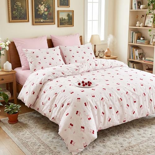 Image of Nayoroom Pink Striped Bow Duvet Cover Queen Size Red Cherry Duvet Cover 3 Pieces Soft Lightweight Microfiber Girls Cute Aesthetic Dorm Bedding Set with Zipper Closure