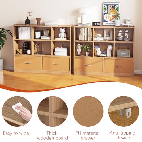 Cube Bookshelf Storage Organizer Bookcase,8 Cube Open Mid-Centur Shelf,Freestanding Display Bookshelve, Modern Wide Kids Toy Shelf with Drawers for Bedroom Living Room Office (Natural) - Image 6