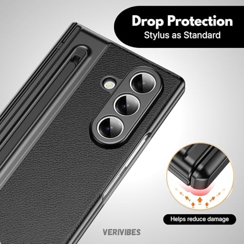 Image of Ultra Hybrid Luxury Leather Compatible with Samsung Galaxy Z Fold 5 (2025)| Built-in S Pen Holder| 360 Hinge Protection | Slim Shockproof Back Cover with Tempered Glass - Black