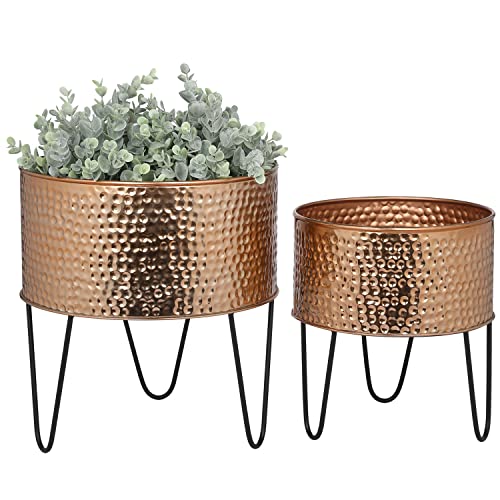 MyGift Modern Hammered Copper Tone Planter Pot 8 and 10 Inch Metal Round Plant Container with Matte Black Wire Stand Set of 2 - Handcrafted in India
