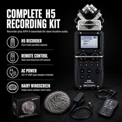 Image of Zoom H5 Handy Recorder Bundle with APH5 Accessory Pack with Remote Controller, USB-Type AC Adapter and Hairy Windscreen (H5 + APH5 Accessory Pack)