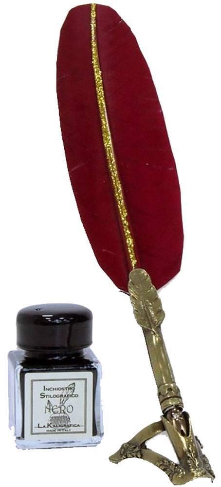 Coles Calligraphy Mens Feather Brass Pen and Ink Set - Burgundy