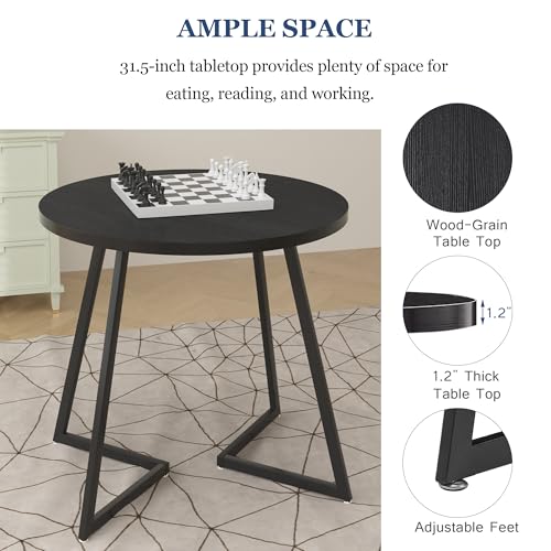 VECELO-Round-Dining-Room-Table-with-Wood-Grain-Tabletop-and-Steel-Frame-for-Kitchen-Living-Room-Office-Conference-2-to-4-Person-Wood-Grain-Black VECELO Round Dining Room Table with Wood Grain Tabletop and Steel Frame for Kitchen Living Room Office Conference 2 to 4 Person Wood Grain Black