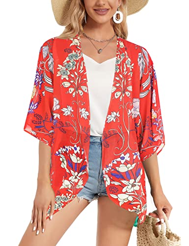 Omoone Women's Short Batwing Sleeve Floral Chiffon Cardigan Kimono Beachwear - Image 5