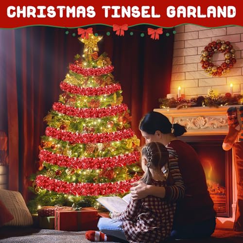 Image of 50FT Red Christmas Tinsel Garland, Metallic Twist Shiny Hanging Garland Ornaments for Xmas Tree Party Supplies Thick Thin Metallic Streamers for Indoor Outdoor Decor