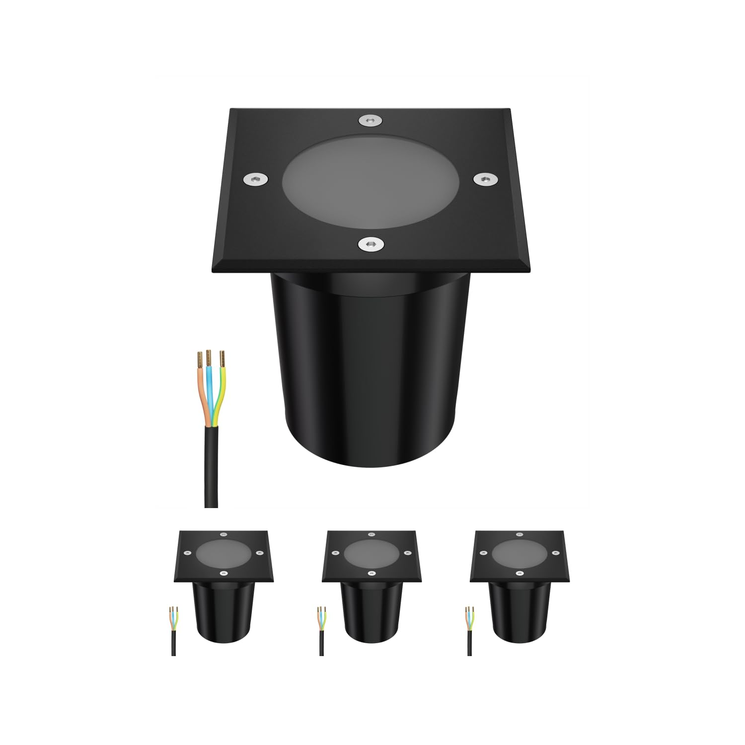 ledscom.de 4 Pieces Recessed Floor Light RELI for Outdoors, IP67, Black, Angular, 11 x 11cm, 1x GU10 max. 15W, Frosted