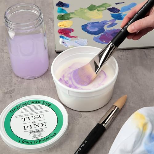 Image of Tusc & Pine The Artists' Brush Soap - 4 Pack, 24oz Plant-Based Brush Cleaner, Oil, Acrylic, Watercolor Paint - Nourishes Bristles; Made in North Carolina; Alkali Soap, Gentle Pine Fragrance
