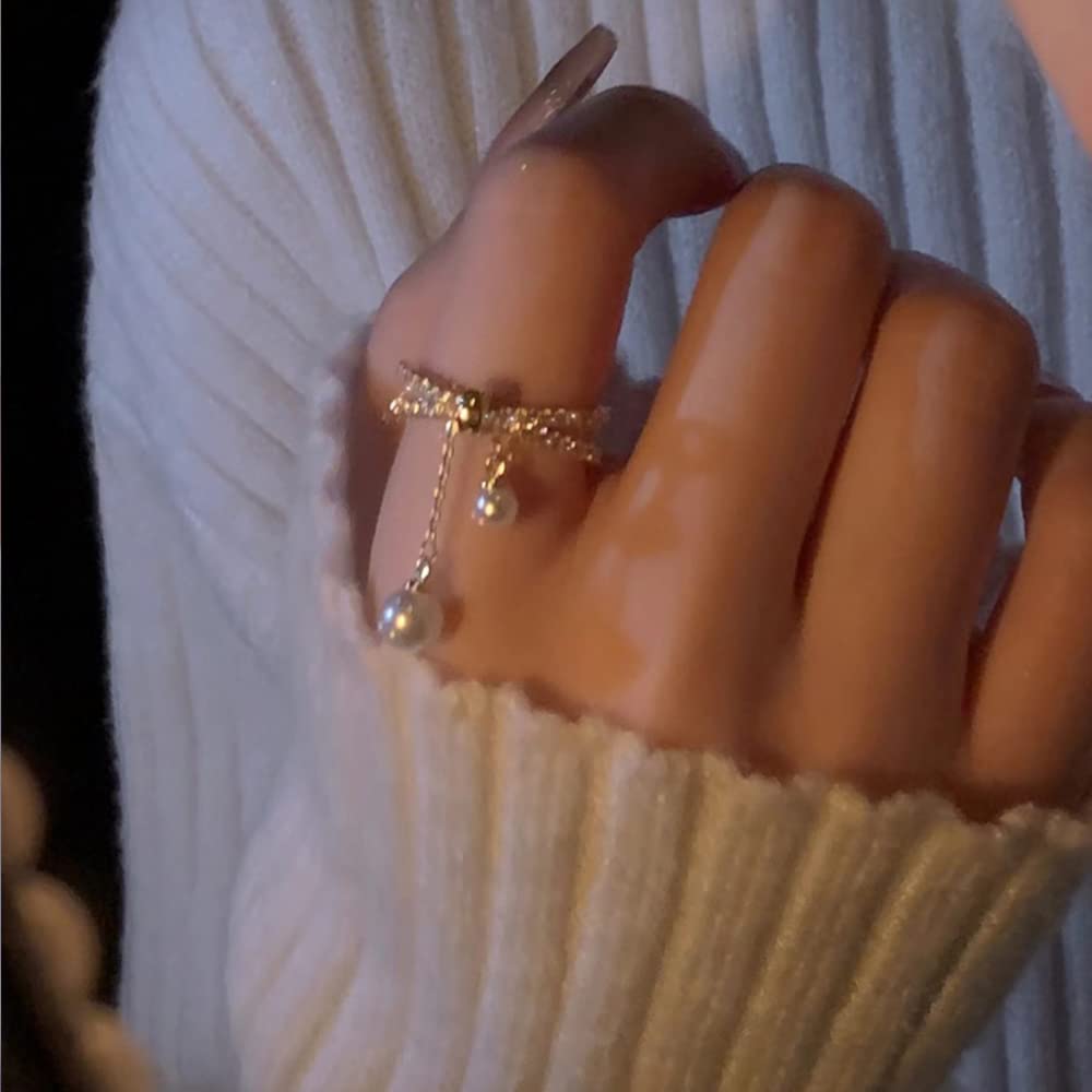 Anillo de cruz de perlas colgantes para mujer, circonita cúbica, ajustable, en capas, enhebrador, borla, anillos de compromiso chian, joyería delicada, regalos, Metal, Zirconia cúbica 3