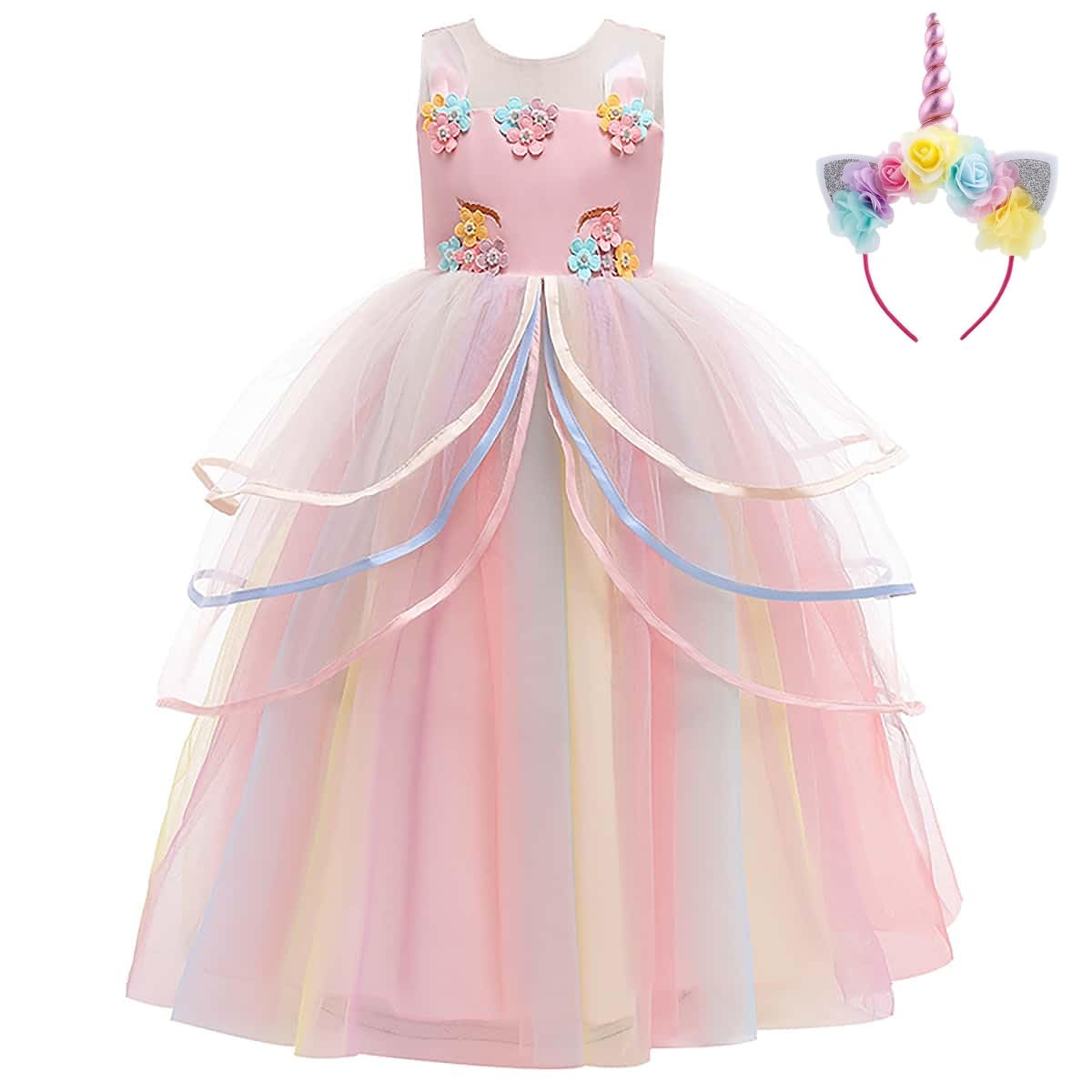 Belle & Moana Disfraz Unicornio Niña - Vestido de princesa Unicornio para niña - Disfraz Princesa Niña de Tul - Para fiestas, cumpleaños, Carnaval, cosplay y Halloween(2-10 Años)
