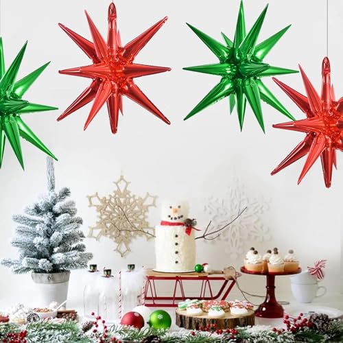 Image of TONIFUL 4Pcs Explosion Star Balloons Red and Green Foil Balloon Party Decor | 22 Inch Large Mylar Star Balloon for Christmas Party Decorations New Year Birthday Wedding Baby Shower Photo Booth Supplies