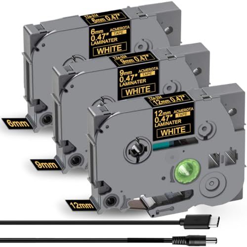 Acmerota TZe-334 TZe-324 TZe-314 12/9/6mm*8m Replace for Brother TZe-334 Laminated Gold on Black for Brother P-Touch PT-H110 H107B H100LB D400 H200 1000 E100 D600 PT-D210 PT-H100 PTD400AD