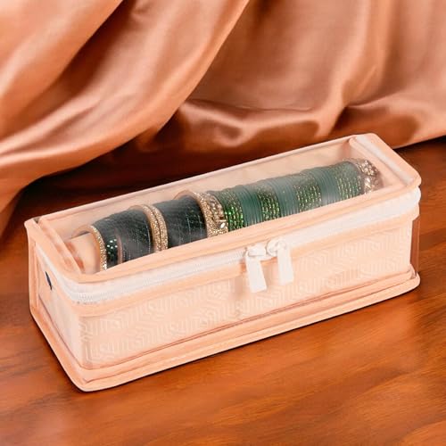 Image of HomeStrap Cotton Single Rod Bangle Box with Transparent Top | Waterproof, Dustproof Organizer for Bangles, Chudis, Bracelets, Watches & Jewellery | Compact Storage Organizer | Peach | Pack of 1