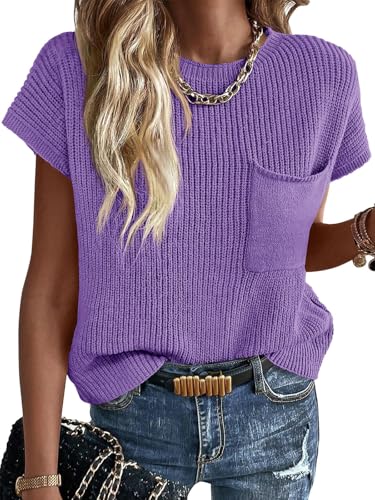 Image of Imily Bela Summer Fall Short Sleeve Sweater for Women | 2026 Crew Neck Ribbed Knit Vests Trendy Pullover Tops,Sweater Tank Tops,Sweater Vest