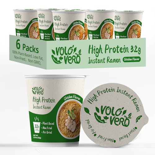 VOLO VERO High Protein (32g) Ramen Noodles Cup Variety Pack, Plant-Based, Non-Fried, Vegan, Low Fat | Chicken, “Spicy” Beef, Kimchi, Curry Flavors | 6-Packs, Quick Healthy Asian Meal