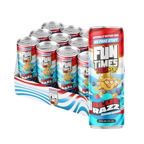 Fun Times Soda Pop Blue Razz, 12 Pack (12 oz Soda Cans), Craft Soda with Real Cane Sugar, Carbonated Beverage with All Natural Flavors, Dye Free Soft Drinks