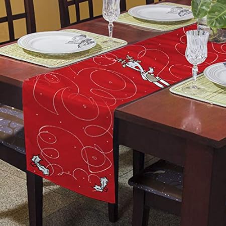 Rightgifting Digital Printed Satin Polyester Modern 6 Seater Table Runner Cloth Cover(183 X 33 CM, Red)