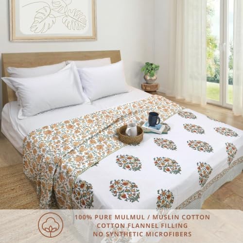 Image of TOAIArt Premium Jaipuri Dohar | AC Blanket Summer Quilt | Hand Block Printed | 3 Layers | Reversible | 150GSM 100% Mulmul Cotton | 100% Cotton Flannel Filling | King 108 inch X 90 inch|Earthy Mugal Motif