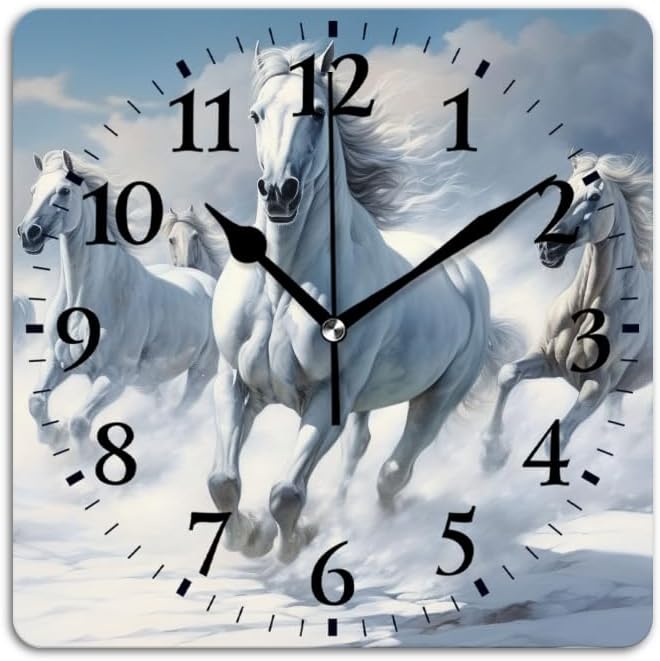 Quartz Wall Clocks Non-Ticking Silent Battery Operated Modern Wall Clocks Decorative for Home,Bedroom-Group of White Horses Galloping in The Snow(12inch)