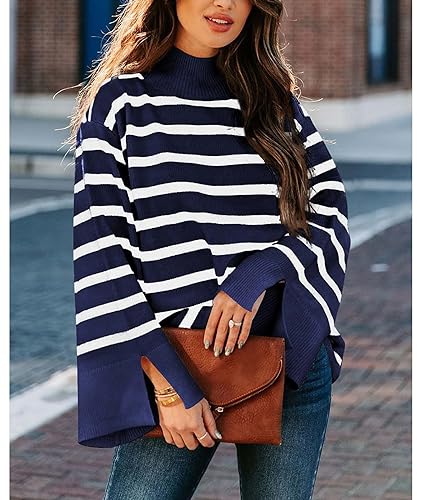 SOMTHRON Women's Fall Winter Striped Sweater Bell Sleeve Mock Neck Ribbed Knit Oversized Pullover Jumper Top2