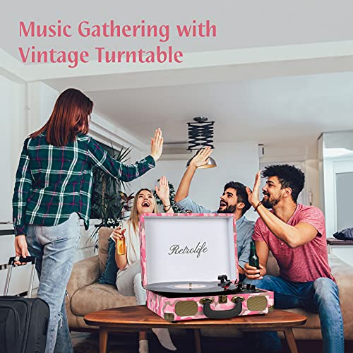 Image of Vinyl Record Player 3-Speed Bluetooth Portable Suitcase Belt-Driven Record Player with Built-in Speakers RCA Line Out AUX in Headphone Jack Vintage Turntable Pink
