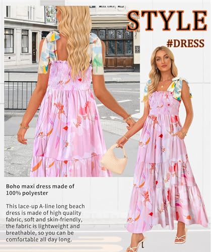 Image of CURBODO Women's Summer Maxi Dress Boho Spaghetti Straps Casual Long A-line Smocked Beach Dress Square Neck Flowy Sun Dress