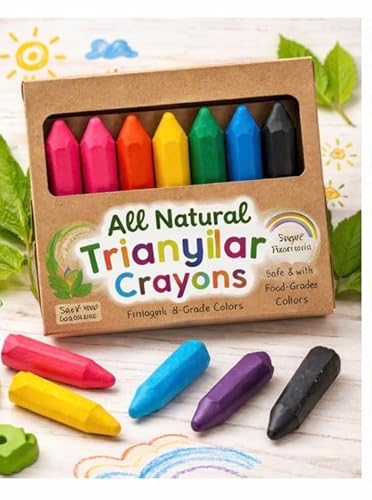All Natural Triangular Crayons, 8 Bright Colors, Beeswax and Soy, Unique Triangle Shape, for Kids Ages 4+