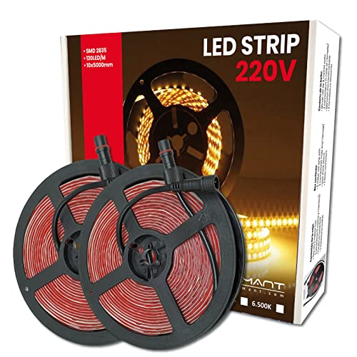 LED ATOMANT Confezione da 2 Rotolo da 5 metri di Striscia LED Diretta a 220V, 12W/m, Colore Bianco Caldo (3000K), Impermeabile (IP65), Taglio ogni 10cm