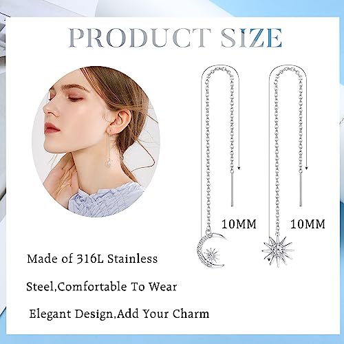 ORAZIO 9 Pairs Threader Earrings for Women Stainless Steel Chain Tassel Earrings Lightweight Double Twist Wave Heart Moon Leaf Threader Dangle Drop Earrings Minimalist Long Chain Earrings Set2